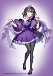 1girl black_hair black_pantyhose character_request commentary_request crown dress fujima_takuya full_body fur-trimmed_dress fur_trim gradient_background head_tilt holding holding_microphone microphone mini_crown multicolored_hair pantyhose puffy_short_sleeves puffy_sleeves purple_background purple_dress purple_eyes purple_footwear purple_hair see-through_clothes see-through_sleeves shoes short_sleeves solo standing standing_on_one_leg two-tone_hair utahime_dream