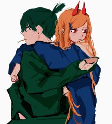 Rule 34 | + +, 1boy, 1girl, black hair, blue jacket, carrying, carrying person, chainsaw man, cigarette, cross-shaped pupils, ear piercing, green jacket, hair between eyes, hair ornament, hairclip, hayakawa aki, highres, horns, hug, hug from behind, jacket, long hair, looking ahead, looking to the side, no arms, orange hair, pecopecosupipi, piercing, power (chainsaw man), red eyes, red horns, short hair, simple background, sleeve cuffs, sleeves past fingers, sleeves past wrists, smoking, swept bangs, symbol-shaped pupils, topknot, white background