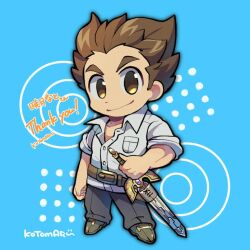 Rule 34 | 1boy, arm at side, belt, black pants, blue background, breast pocket, brown belt, brown eyes, brown hair, buttons, chibi, collarbone, collared shirt, commission, full body, kotorai, male focus, pants, pocket, protagonist 1 (housamo), shirt, short hair, sideburns, skeb commission, smile, solo, sword, thank you, tokyo houkago summoners, weapon