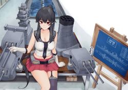 Rule 34 | 1girl, anchor symbol, asymmetrical legwear, belt, black hair, blue neckwear, blueprint (object), blush, breasts, cannon, cleavage, closed mouth, collarbone, desk, garter straps, gloves, ichinomiya (blantte), kantai collection, large breasts, long hair, looking at viewer, midriff, on desk, pleated skirt, ponytail, red eyes, red skirt, rigging, sailor collar, sidelocks, single garter strap, single thighhigh, sitting, on desk, skirt, smile, smokestack, solo, thighhighs, turret, uneven legwear, white gloves, yahagi (cruiser), yahagi (kancolle)