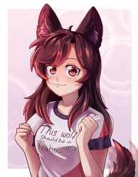 Rule 34 | 1girl, :3, animal ear fluff, animal ears, border, breasts, brown eyes, brown hair, bubble background, dungeon toaster, highres, imaizumi kagerou, long hair, looking at viewer, medium breasts, pink background, shirt, short sleeves, smile, solo, tail, touhou, upper body, white border, white shirt, wolf ears, wolf girl, wolf tail