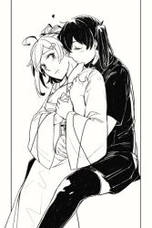 Rule 34 | 2girls, ahoge, alternate costume, alternate hairstyle, blush, closed mouth, collared shirt, couple, employee uniform, closed eyes, female focus, greyscale, hagikaze (kancolle), hair between eyes, hair ornament, hair up, hairclip, head tilt, heart, hip vent, hug, hug from behind, japanese clothes, kaga (kancolle), kantai collection, kimono, kiss, lawson, long sleeves, looking at another, looking back, medium hair, monochrome, multiple girls, neck, kissing neck, obi, pleated skirt, ponytail, sash, shirt, short hair, short sleeves, side ponytail, sidelocks, sitting, skirt, thighhighs, uniform, weidashming, wide sleeves, yuri