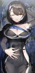 Rule 34 | 1girl, arm behind head, armlet, artist name, azur lane, baltimore (azur lane), baltimore (evening breeze minuet) (azur lane), black cape, black choker, black dress, blue cape, braid, breasts, brown hair, cape, choker, cleavage, collarbone, commentary, cowboy shot, dress, evening gown, flower, french braid, groin, hair between eyes, hand on own stomach, highres, large breasts, looking at viewer, lying on water, one eye closed, parted lips, partially submerged, poho, short hair, side slit, sidelocks, single bare shoulder, solo, two-tone cape, water, water drop, wet, yellow eyes