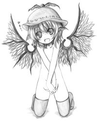 Rule 34 | 1girl, animal ears, covering privates, covering crotch, female focus, fingernails, flat chest, greyscale, hat, kneeling, kurona, long fingernails, monochrome, mystia lorelei, nude, nude cover, socks, solo, thighhighs, touhou, v arms, wings