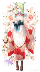 Rule 34 | 1girl, antlers, apron, boots, braid, braided bangs, ceres fauna, ceres fauna (new year), flower, frilled apron, frills, green hair, hair flower, hair ornament, highres, hololive, hololive english, horns, japanese clothes, kimono, mole, mole under eye, official alternate costume, print kimono, solo, toosaka asagi, virtual youtuber, white background