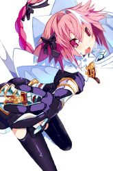 Rule 34 | 1boy, astolfo (fate), braid, cape, fate/apocrypha, fate/grand order, fate (series), fur trim, garter straps, gauntlets, long hair, male focus, miyakawa106, open mouth, outstretched hand, pink hair, purple eyes, ribbon, single braid, smile