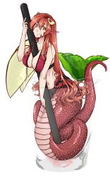 Rule 34 | 10s, 1girl, bikini, blush, breasts, cleavage, cocktail, commission, cup, drinking glass, drinking straw, food, fruit, full body, glass, hair ornament, hairclip, highres, in container, lamia, large breasts, long hair, looking at viewer, miia (monster musume), mini person, minigirl, monster girl, monster musume no iru nichijou, navel, onetruevegetable, pointy ears, red hair, scales, slit pupils, smile, solo, swimsuit, transparent background, very long hair, yellow eyes