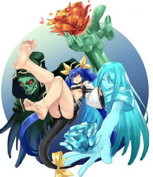 Rule 34 | 1boy, 2girls, :o, angel wings, ass, asymmetrical wings, bare shoulders, barefoot, blue hair, breasts, choker, dizzy (guilty gear), eiji (eiji), feet, flower, foot focus, foreshortening, greek toe, guilty gear, guilty gear x, guilty gear xx, hair ribbon, hair rings, highres, long hair, monster girl, mother&#039;s day, multiple girls, necro (guilty gear), open mouth, red eyes, ribbon, simple background, soles, tail, tail ornament, tail ribbon, toes, twintails, underboob, undine (guilty gear), wide sleeves, wings, yellow ribbon