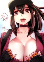 Rule 34 | 10s, 1girl, alternate color, breasts, brown eyes, brown hair, cleavage, creatures (company), female protagonist (pokemon go), game freak, gloves, hat, highres, huge breasts, long hair, nintendo, pokemon, pokemon go, souryu, tongue, tongue out