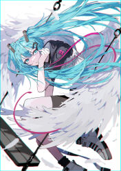 Rule 34 | 1girl, absurdres, aqua eyes, aqua hair, black choker, black shorts, blurry, choker, closed mouth, commentary, depth of field, facing viewer, falling feathers, feathered wings, feathers, full body, hand on own cheek, hand on own face, hatsune miku, highres, hood, hood down, hoodie, long hair, shoes, shorts, sideways glance, sneakers, solo, swing, twintails, vocaloid, warui neko, white footwear, white hoodie, white wings, wings