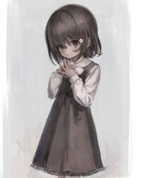 Rule 34 | 1girl, absurdres, brown dress, brown eyes, brown hair, closed mouth, cowboy shot, dress, flower, grey background, hair flower, hair ornament, hands up, highres, lace, lace-trimmed dress, lace trim, long sleeves, looking at viewer, medium hair, miyakawa haruka (namuta), namuta, original, own hands together, pinafore dress, shirt, sleeveless, sleeveless dress, solo, standing, steepled fingers, white shirt