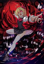 Rule 34 | 1girl, ahoge, black skirt, black vest, blonde hair, boots, fang, foreshortening, juliet sleeves, koissa, long sleeves, open mouth, outstretched arms, puffy sleeves, red eyes, rumia, short hair, skirt, solo, thighhighs, thighs, touhou, vest, white thighhighs