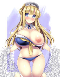 Rule 34 | 1girl, adapted uniform, akikaze tsumuji, bikini, blonde hair, blue eyes, breasts, character name, fletcher (kancolle), gloves, huge breasts, kantai collection, long hair, net, nipples, one breast out, simple background, solo, swimsuit, white gloves