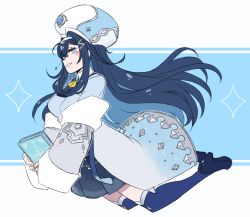 Rule 34 | 1girl, blue hair, blue headwear, blue jacket, blue skirt, blush, book, breasts, floating, floating hair, highres, holding, holding book, hololive, hololive china, jacket, kj (kusojack), long hair, looking at viewer, medium breasts, monocle, off shoulder, parted lips, rosalyn (hololive), skirt, solo, thighhighs, virtual youtuber