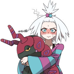 Rule 34 | 1girl, blue eyes, blush, character doll, collarbone, creatures (company), game freak, gen 5 pokemon, gigobyte350, looking at viewer, nintendo, pokemon, pokemon bw2, roxie (pokemon), scolipede, simple background, sweat, topknot, white background, white hair, wide sleeves