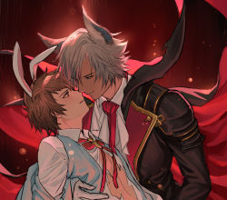 Rule 34 | 2boys, animal ears, ascot, black cape, black jacket, blue eyes, brown eyes, brown hair, cape, cat ears, closed mouth, collared shirt, erune, eustace (granblue fantasy), eustace (halloween) (granblue fantasy), eye contact, fake animal ears, gran (granblue fantasy), granblue fantasy, grey vest, halloween costume, highres, jacket, lalatia-meai, looking at another, multiple boys, official alternate costume, rabbit ears, sage (granblue fantasy), shirt, smile, toned, toned male, torn clothes, torn shirt, upper body, vampire, vampire costume, vest, white hair, white shirt, yaoi