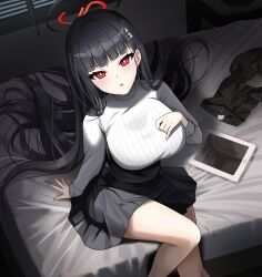 Rule 34 | 1girl, absurdres, bedroom, black hair, black skirt, blue archive, breasts, from above, hair ornament, hairclip, highres, indoors, large breasts, long hair, naze236, on bed, parted lips, pleated skirt, red eyes, rio (blue archive), sitting, skirt, solo, sweater, tablet pc, thighs, turtleneck, turtleneck sweater, very long hair