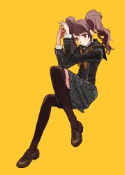 Rule 34 | 1girl, black sailor collar, brown eyes, brown footwear, brown hair, brown thighhighs, closed mouth, full body, highres, jacket, kujikawa rise, loafers, long hair, long sleeves, melkymelkii, neckerchief, orange background, orange neckerchief, persona, persona 4, sailor collar, school uniform, shoes, simple background, solo, thighhighs, twintails, yasogami school uniform