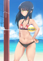 Rule 34 | 10s, 1girl, ball, bare shoulders, beach, bikini, black hair, blush, cloud, commentary request, dangorou (yushi-art), day, flat chest, floral print, hand on own hip, harukana receive, holding, holding ball, horizon, long hair, looking at viewer, mikasa sports, navel, outdoors, sand, sky, solo, swimsuit, tooi narumi, volleyball (object), volleyball net, yellow eyes