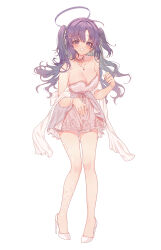 Rule 34 | 1girl, :d, absurdres, bare legs, bare shoulders, blue archive, blush, bracelet, breasts, cleavage, dress, grin, halo, high heels, highres, jewelry, knees together feet apart, large breasts, long hair, looking at viewer, mechanical halo, necklace, open mouth, pendant, purple eyes, purple hair, short dress, sidelocks, simple background, smile, solo, strapless, strapless dress, thighs, torano, two side up, white background, white dress, white footwear, yuuka (blue archive)