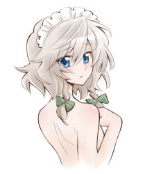 Rule 34 | 1girl, arata iri, back, blue eyes, braid, breasts, female focus, from behind, hand on another&#039;s chest, hand on own chest, izayoi sakuya, looking back, maid headdress, nude, short hair, silver hair, simple background, solo, touhou, twin braids