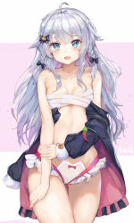 Rule 34 | 1girl, :d, absurdres, ahoge, blue eyes, bow, braid, breasts, collarbone, fang, frilled panties, frills, hair bow, highres, kagura nana, lanyingchengzhi, long hair, looking at viewer, nanakagu karatou ch, off-shoulder shirt, off shoulder, open mouth, panties, pink background, sarashi, shirt, simple background, small breasts, smile, solo, underwear, very long hair, virtual youtuber, white background, white panties