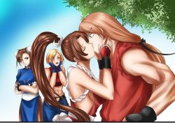 Rule 34 | 1boy, 3girls, artist request, blonde hair, blue dress, blue mary, blush, bracelet, breasts, brown eyes, brown hair, bun cover, capcom, capcom vs snk 2, china dress, chinese clothes, chun-li, closed eyes, closed mouth, crossed arms, double bun, dougi, dress, facing another, fatal fury, hair bun, hands on own cheeks, hands on own face, hetero, jealous, jewelry, ken masters, kiss, long hair, looking at another, midriff, multiple girls, open mouth, ponytail, puffy short sleeves, puffy sleeves, self-upload, shiranui mai, short hair, short sleeves, source request, spiked bracelet, spikes, street fighter, surprised, the king of fighters, watching