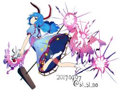 Rule 34 | 1girl, animal ears, bad id, bad twitter id, bloomers, blue hair, closed mouth, crescent, dated, dress, from side, full body, gun, holding, holding gun, holding weapon, kine, long hair, mallet, multi-tied hair, no shoes, profile, rabbit ears, red eyes, seiran (touhou), shishi osamu, short sleeves, simple background, smile, socks, solo, star (symbol), touhou, twitter username, underwear, weapon, white background, white socks