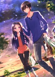 Rule 34 | 10s, 1boy, 1girl, bag, black hair, brother and sister, casual, charlotte (anime), chestnut mouth, cloud, cloudy sky, hair ornament, hairclip, hand on another&#039;s head, highres, otosaka ayumi, otosaka yuu, pants, pants rolled up, plastic bag, purple eyes, red eyes, siblings, sky, swordsouls, tree