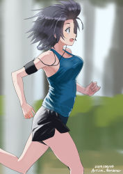 Rule 34 | 1girl, armband, autism wanderer, bad id, bad pixiv id, black shorts, blue shirt, blurry, blurry background, bouncing breasts, braid, breasts, commentary, dated, depth of field, digital media player, dolphin shorts, earbuds, earphones, from side, girls und panzer, gym shorts, highres, medium breasts, no bra, one-hour drawing challenge, open mouth, pantylines, pepperoni (girls und panzer), running, shirt, short shorts, shorts, side braid, smile, solo, sweat, tank top, twitter username, wind