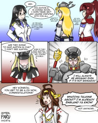 Rule 34 | 6+girls, admiral paru, ahoge, armband, armor, artist name, bismarck (kancolle), black eyes, blonde hair, brown hair, capelet, civilization (series), comic, cosplay, double bun, female admiral (kancolle), female focus, frederick barbarossa (cosplay), gradient background, graf zeppelin (kancolle), hair bun, hat, iowa (kancolle), kantai collection, kongou (kancolle), military, military uniform, multiple girls, naval uniform, nontraditional miko, peaked cap, plate armor, ponytail, pun, scepter, shaded face, skirt, twintails, uniform, upper body, white background, yamato (kancolle), yellow eyes