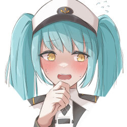 Rule 34 | 1girl, @ @, blue hair, blush, cropped shoulders, embarrassed, goddess of victory: nikke, hand on own chin, hat, light blue hair, long hair, military, military hat, military uniform, peaked cap, portrait, privaty (nikke), solo, sweat, uniazi mikan, uniform, white hat, yellow eyes