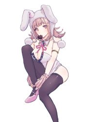 Rule 34 | 1girl, animal hood, armlet, ass, black thighhighs, breasts, brown hair, chi (hnnmemi), chocolate, cleavage, collarbone, danganronpa (series), danganronpa 2: goodbye despair, detached collar, flipped hair, foot out of frame, galaga, hair ornament, heart, highres, hood, invisible chair, knee up, large breasts, leotard, medium hair, mole, mole on breast, nanami chiaki, neck ribbon, official alternate costume, pink footwear, pink ribbon, rabbit hood, ribbon, shiny skin, shoes, sitting, skindentation, solo, thighhighs, white leotard