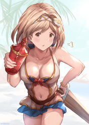Rule 34 | 1girl, bad id, bad pixiv id, blonde hair, blush, breasts, brown eyes, cleavage, collarbone, commentary request, cowboy shot, day, djeeta (granblue fantasy), flower, granblue fantasy, hairband, highres, large breasts, looking at viewer, medium breasts, milli little, navel, open mouth, outdoors, parted lips, revision, rose, short hair, solo, standing, sword, twitter username, weapon, white flower, white rose, wooden sword