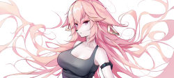 Rule 34 | 1girl, absurdres, animal ears, arm strap, bare shoulders, breasts, cleavage, commentary, fox ears, furry, furry female, genshin impact, grey tank top, hd-hlh-3h, highres, large breasts, long hair, looking at viewer, pink eyes, pink hair, simple background, smile, solo, tank top, upper body, very long hair, white background, yae miko