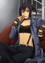 Rule 34 | 428, alphard (canaan), bad id, bad pixiv id, black eyes, black hair, canaan (series), choker, chunsoft, coat, eating, fingerless gloves, food, gloves, midriff, navel, ponytail, saklo, side ponytail, solo, stairs, suspenders, tattoo, trench coat