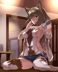 Rule 34 | 1girl, animal ears, arms up, bare shoulders, blue eyes, blue skirt, blush, breasts, brown hair, clothing cutout, coat, collar, collarbone, cosplay, criss-cross halter, cup, doorway, drinking glass, drunk, erune, fur coat, granblue fantasy, green eyes, hair ornament, halterneck, hand on own cheek, hand on own face, heterochromia, holding, holding cup, holding drinking glass, idolmaster, idolmaster cinderella girls, indoors, kemonomimi mode, large breasts, lens flare, long sleeves, looking at viewer, miniskirt, mole, mole under eye, no bra, off shoulder, on floor, open clothes, open coat, parted lips, railing, sengoku aky, side cutout, sideboob, sitting, skin tight, skirt, smile, solo, stella (granblue fantasy), stella (granblue fantasy) (cosplay), sutera (granblue fantasy), sutera (granblue fantasy) (cosplay), sweater, table, takagaki kaede, thighhighs, wariza, white thighhighs
