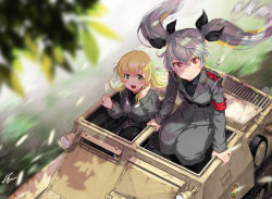 Rule 34 | 3girls, anchovy (girls und panzer), anzio military uniform, aqua hair, armband, belt, blonde hair, blurry, blurry foreground, bow, carpaccio (girls und panzer), carro veloce cv-33, commentary request, drill hair, from above, girls und panzer, green eyes, hair bow, hatch, kws, leaf, looking at viewer, military, military vehicle, motor vehicle, multiple girls, open mouth, pepperoni (girls und panzer), red eyes, sam browne belt, signature, sitting, smile, tank, twin drills, twintails