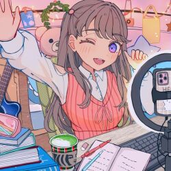 Rule 34 | 1girl, bare shoulders, book, book stack, brown hair, cellphone, clothing cutout, coffee, coffee cup, cup, desk, disposable cup, eraser, fujishima megumi, guitar, instrument, keyboard (computer), link! like! love live!, love live!, matcha (food), microphone, neko raa men, notebook, on chair, one eye closed, open book, open mouth, outstretched arm, pen, pencil case, phone, pink sweater, purple eyes, shirt, shoulder cutout, sidelocks, sitting, sleeveless, sleeveless sweater, smartphone, solo, star (symbol), starbucks, stuffed animal, stuffed toy, sweater, teddy bear, teeth, two side up, upper body, upper teeth only, white shirt, wreath