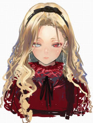 Rule 34 | 1girl, black hairband, blonde hair, blue eyes, cropped torso, dress, earrings, expressionless, freckles, hairband, heterochromia, highres, inverted cross earrings, isshiki (ffmania7), jewelry, long hair, neck ribbon, original, red dress, red eyes, ribbon, signature, simple background, sketch, solo, upper body, wavy hair, white background