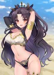 Rule 34 | 1girl, :d, absurdres, armpits, arms behind head, arms up, bare shoulders, bikini, black bikini, black hair, breasts, cleavage, commission, cowboy shot, crown, detached sleeves, earrings, fate/grand order, fate (series), gold trim, highleg, highleg bikini, highres, hoop earrings, ishtar (fate), jewelry, jirafuru, large breasts, long hair, looking at viewer, mismatched bikini, navel, open mouth, parted bangs, red eyes, smile, solo, stomach, string bikini, swimsuit, thigh gap, thighs, twintails, two side up, very long hair, white bikini