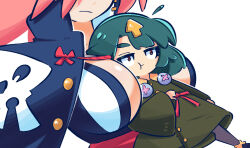 Rule 34 | 2girls, 3rf, arrow (symbol), baiken, between breasts, breasts, cleavage, delilah (guilty gear), green hair, guilty gear, guilty gear strive, head out of frame, highres, large breasts, multiple girls, pink hair, pout, scar, scar on face, simple background, upper body, white background
