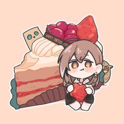 Rule 34 | 1girl, :t, ahoge, berry, brown eyes, brown hair, brown hoodie, brown skirt, cake, cake slice, chibi, crossed bangs, earrings, eating, english text, food, food-themed earrings, friend (nanashi mumei), fruit, gorani euak, happy birthday, hololive, hololive english, hood, hoodie, hootsie (nanashi mumei), jewelry, long hair, long skirt, multicolored hair, nanashi mumei, nanashi mumei (casual), official alternate costume, oversized food, oversized object, plaid, plaid skirt, simple background, skirt, strawberry, strawberry shortcake, streaked hair, virtual youtuber