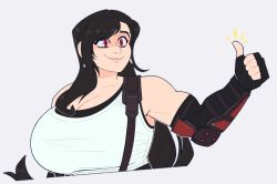 Rule 34 | 1girl, black hair, black shirt, breasts, final fantasy, final fantasy vii, final fantasy vii remake, highres, huge breasts, lips, long hair, muscular, muscular female, shirt, smile, solo, square enix, suspenders, tank top, thedansome, thumbs up, tifa lockhart, undershirt, upper body, vambraces, white background, white tank top