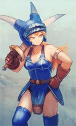 Rule 34 | 1girl, armor, belt, blue armor, breasts, brown eyes, brown gloves, brown hair, cleavage, closed mouth, daisy (dq), dragon quest, dragon quest yuusha abel densetsu, fake horns, gloves, helmet, horned helmet, horns, long hair, simple background, smile, solo, sword, thighhighs, weapon, yuza