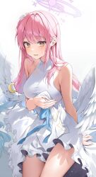 Rule 34 | 1girl, absurdres, angel wings, blue archive, blush, breasts, collarbone, cowboy shot, dress, feathered wings, frilled dress, frills, halo, highres, large breasts, long hair, mika (blue archive), open mouth, pink hair, pink halo, simple background, sleeveless, sleeveless dress, solcha, solo, white background, white dress, white wings, wings, yellow eyes