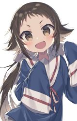 Rule 34 | 1girl, :d, blue shirt, blush, bow, brown eyes, brown hair, commentary request, forehead, hair bow, hair flaps, highres, long hair, long sleeves, looking at viewer, low ponytail, mikakunin de shinkoukei, mitsumine mashiro, neck ribbon, open mouth, ponytail, red ribbon, ribbon, sailor collar, school uniform, serafuku, shirt, simple background, sleeves past fingers, sleeves past wrists, smile, solo, upper body, v-shaped eyebrows, very long hair, wagashi928, white background, white bow, white sailor collar