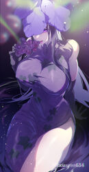 Rule 34 | 1girl, absurdres, black hair, breasts, china dress, chinese clothes, dress, flower, flower on head, food, fruit, grapes, highres, holding, holding food, holding fruit, large breasts, long hair, open mouth, purple dress, purple eyes, purple flower, short sleeves, sidelocks, soi soi (mixueeee634), solo, touhou, unfinished dream of all living ghost, vine print, yomotsu hisami