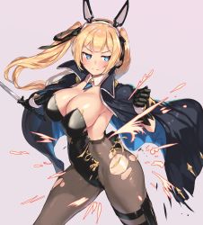 Rule 34 | 1girl, absurdres, areola slip, black gloves, black pantyhose, blonde hair, blue eyes, breasts, cleavage, closed mouth, coat, cowboy shot, detached collar, gem, gloves, hair ribbon, hairband, hands up, highres, holding, holding weapon, kirikawa ikumu, large breasts, legs apart, leotard, original, outstretched arm, pantyhose, pasties, ribbon, simple background, solo, sword, thigh strap, torn clothes, torn leotard, torn pantyhose, twintails, v-shaped eyebrows, weapon