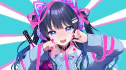 Rule 34 | 1girl, animal ear headphones, animal ears, black hair, blue bow, blue eyes, blue hair, blue sweater, bow, cat ear headphones, commentary request, copyright request, fake animal ears, fangs, gradient hair, hair ornament, hairclip, hands up, headphones, heart, highres, long hair, long sleeves, looking at viewer, momoshiki tsubaki, multicolored hair, nail polish, official art, open mouth, pink nails, pink ribbon, puffy long sleeves, puffy sleeves, ribbon, sleeves past wrists, solo, sweater, teardrop, two side up, upper body, virtual youtuber